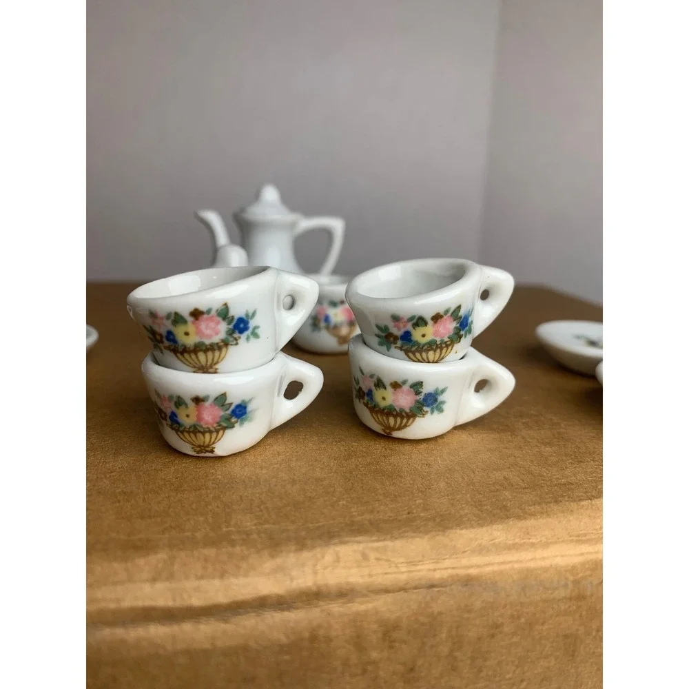 Vintage Cottage Floral Porcelain Miniature Tea Set 13pc. White Ceramic Dollhouse
